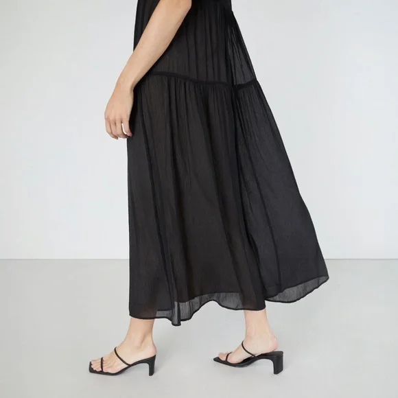 Oak + Fort Puff Sleeve Tiered Midi Maxi Dress Size Large Black - Picture 3 of 14